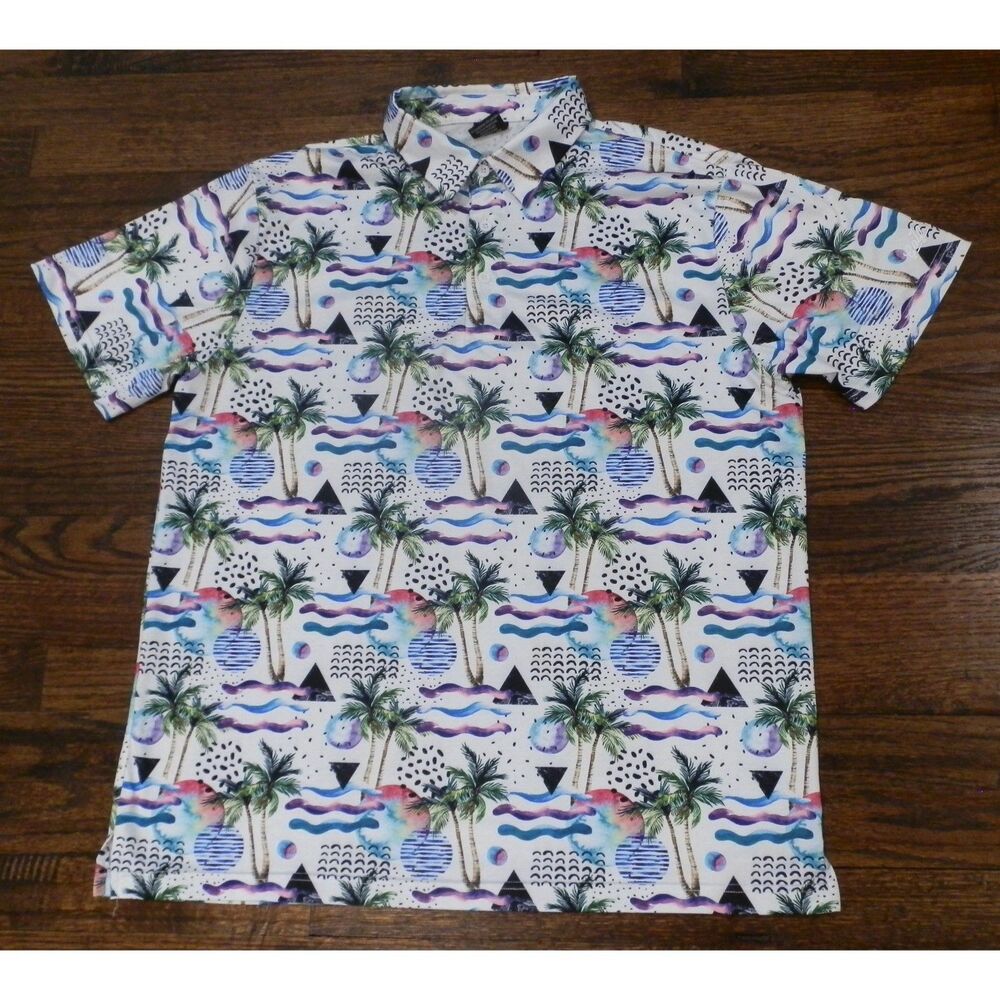Golf Gods Palm Trees Geometric Polo Shirt Men's Size Large